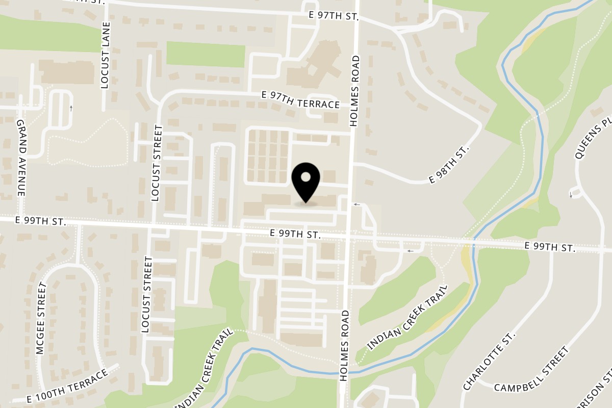 Map showing the location of Charlie D's Seafood and Chicken 99th Street on 600 East 99th Street in Kansas City